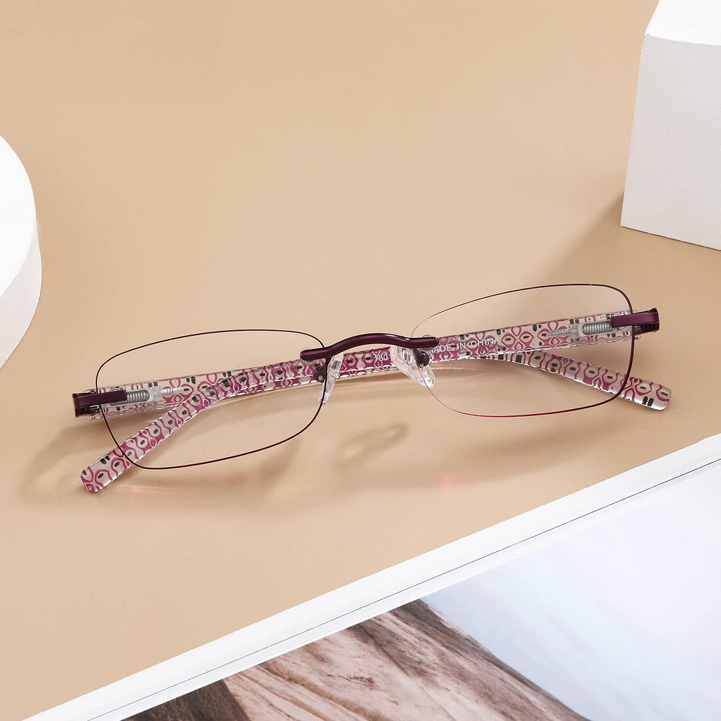 LOVIVY 3 Pack Rimless Reading Glasses for Women Blue Light Blocking Readers Tinted Edge Spring Hinge Pattern Print Arm Eyeglasses Mix 2.25