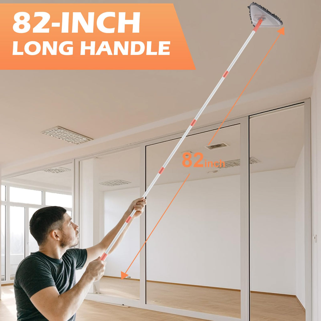 Wall Cleaner Triangle Mop with 82'' Long Handle - Wall Scrubber, Cleaning Washer Tool with 4 Microfiber Chenille Duster Pads for Clean Walls, Ceiling, Windows, Baseboards, Floors (Gray)