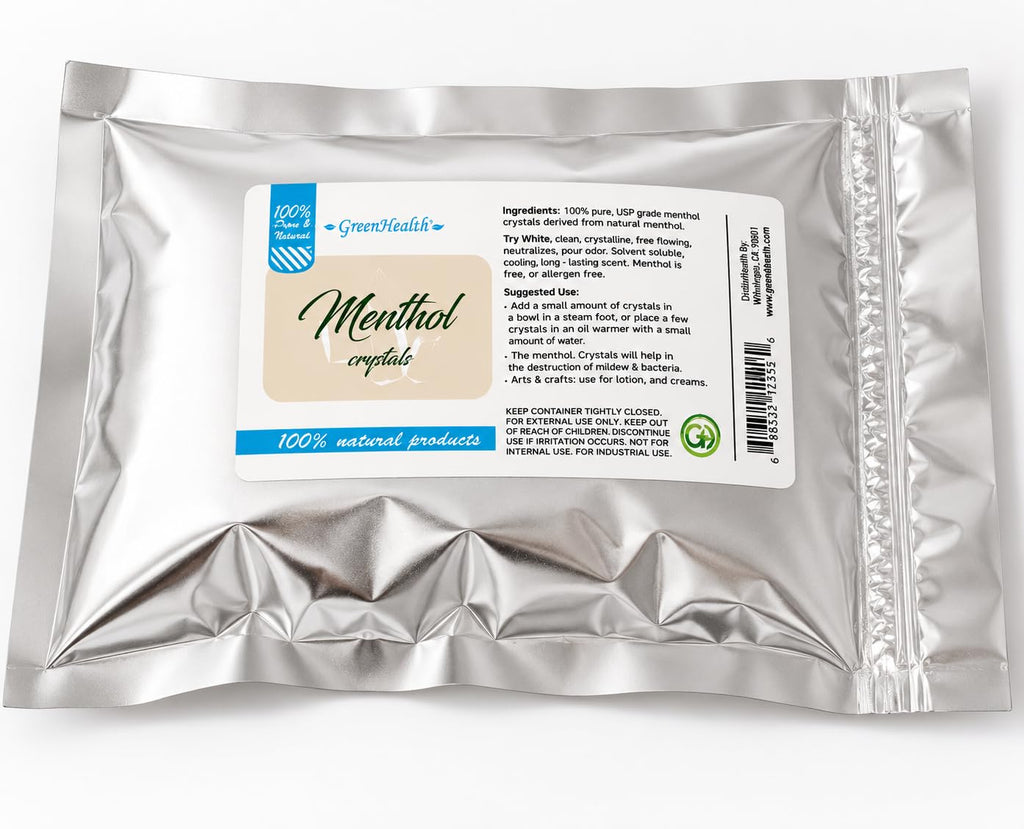 GreenHealth Premium Menthol Crystals – 1 lb (16 oz) | 100% Pure Natural Menthol Crystals | Strong Mint Aroma | Food-Grade Metallized Poly Bag | Melting Point 95–107°F