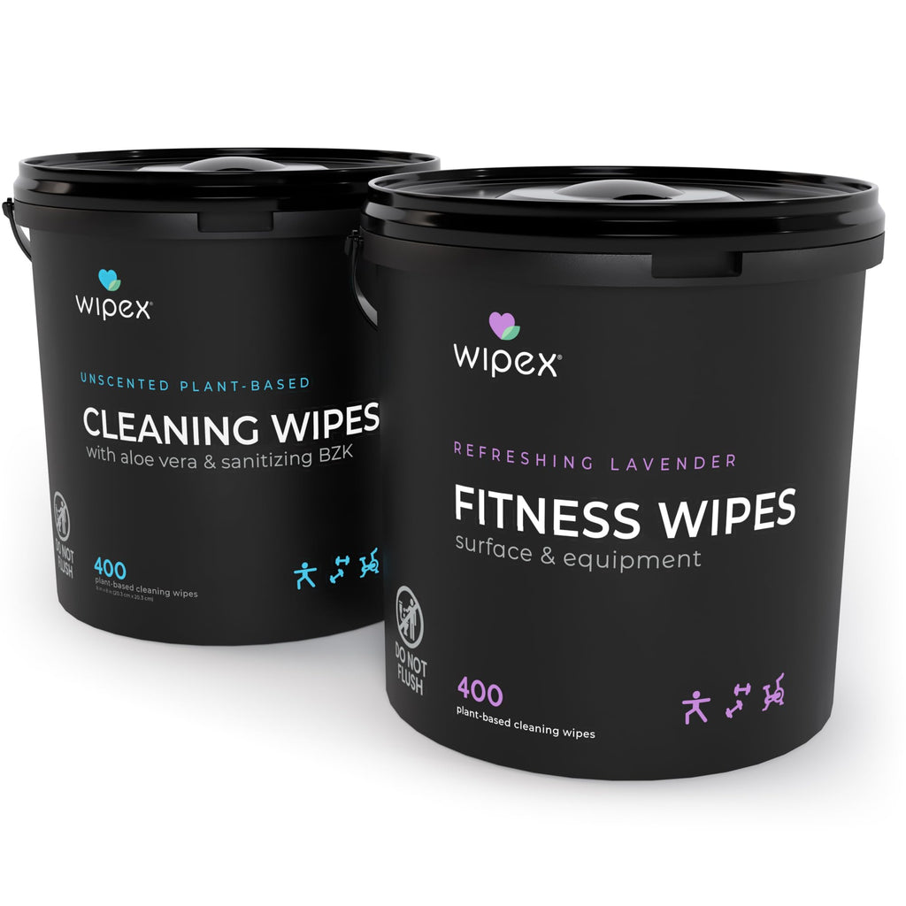 Wipex Gym Wipes Bundle - Get 2 Buckets (1) Lavender Plant-Based Fitness Equipment Wipes & (1) Sanitizing BZK for Skin, Great for Gyms, Yoga Studios, Home, Fitness Centers, 400 Ct (Pack of 2)