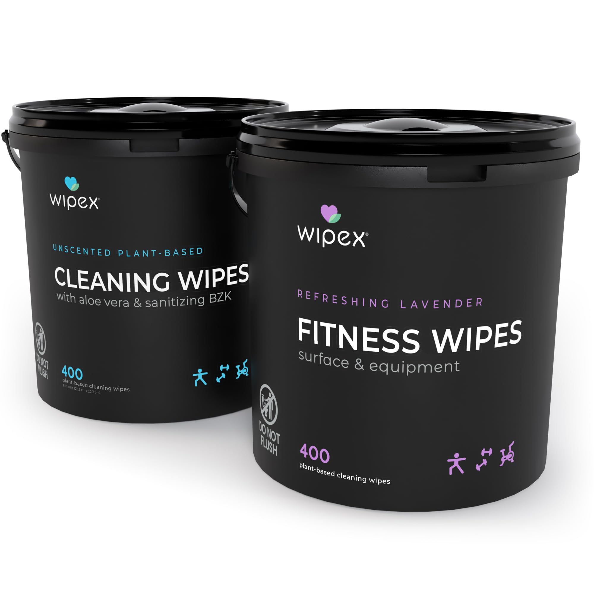 Wipex Gym Wipes Bundle - Get 2 Buckets (1) Lavender Plant-Based Fitness Equipment Wipes & (1) Sanitizing BZK for Skin, Great for Gyms, Yoga Studios, Home, Fitness Centers, 400 Ct (Pack of 2)