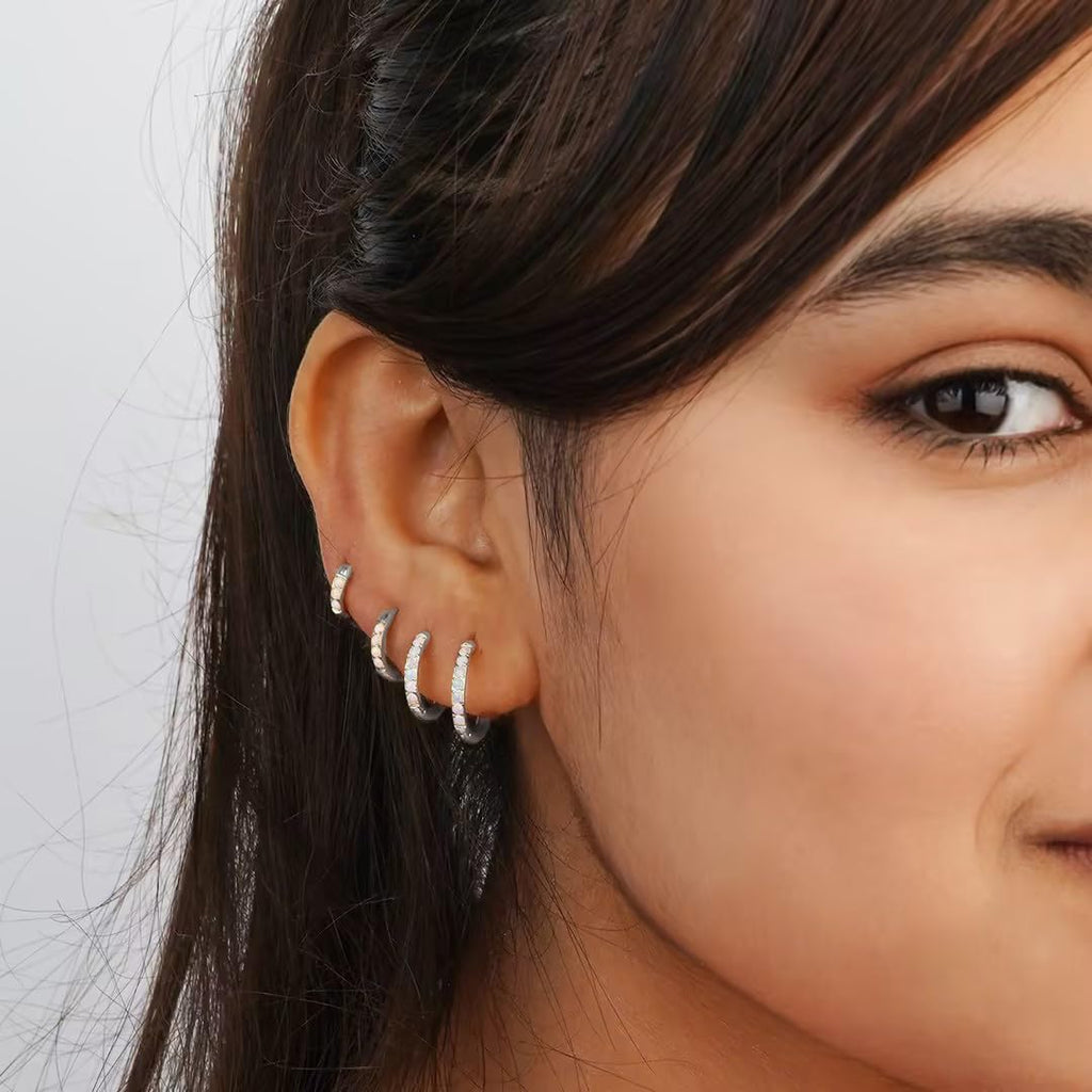 4Pair 316L Surgical Steel Opal Small Hoop Earrings for Women Hypoallergenic Medical Grade Lightweight Huggie Earring stacks For Cartilage Helix Daith Tragus Lobe Piercing Jewelry