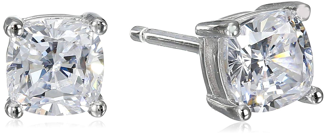 Amazon Essentials Platinum Plated Sterling Silver Cushion Cut Cubic Zirconia Stud Earrings (5mm)