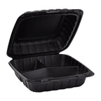 KARAT EARTH Clamshell Take Out Food Containers [8"x8" - 200 ct] To Go Containers | 3 Compartment, Soak-Resistant, Durable, Stackable | Vented for Hot/Cold Foods, Black
