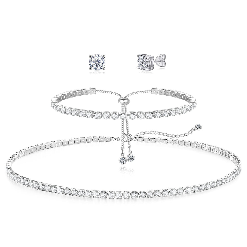 HAXIYA Tennis Necklace Set for Women Crystal Bracelet Imitation Diamond Earrings Wedding Jewelry for Bride Sterling Silver Plated Jewelry Sets Pack of 3 Gift