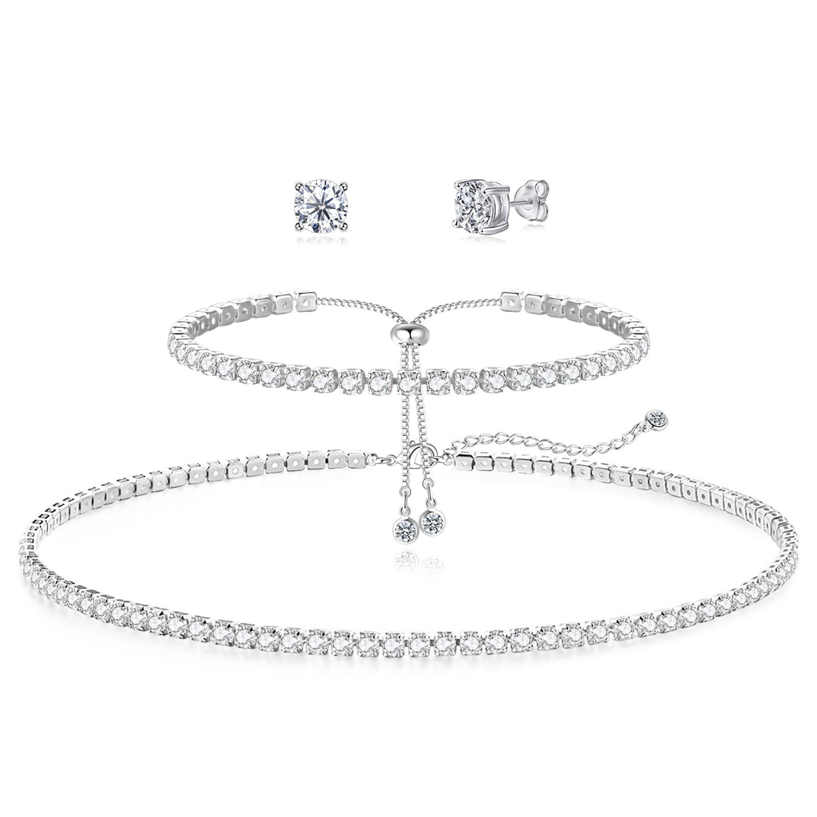 HAXIYA Tennis Necklace Set for Women Crystal Bracelet Imitation Diamond Earrings Wedding Jewelry for Bride Sterling Silver Plated Jewelry Sets Pack of 3 Gift