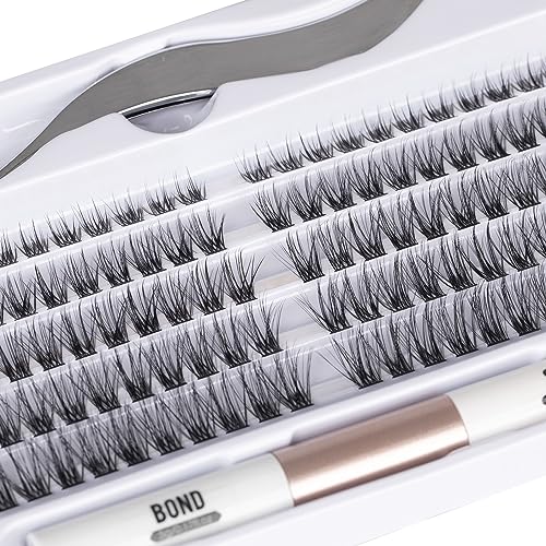 Individual Lashes 120 Cluster Lashes DIY Eyelash Extension Thin Band Wide Stem Lash Clusters with Applicator and Lash Bond and Seal Lash Extension Kit Mix 10-16mm Length C/D Curl - OP06