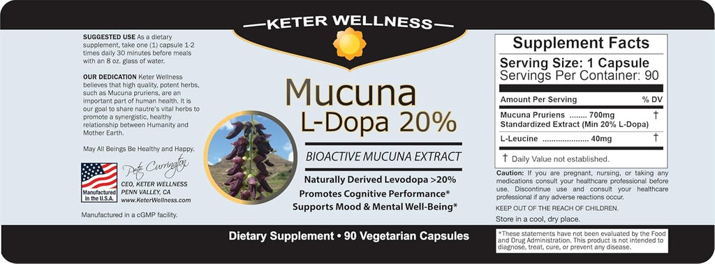 Mucuna Pruriens 20% L-Dopa – Standardized Velvet Bean Extract for Natural Dopamine, Focus & Mood Support – Pure 8:1 Concentrated Herbal Supplement – Vegan, Non-GMO, 90 Capsules