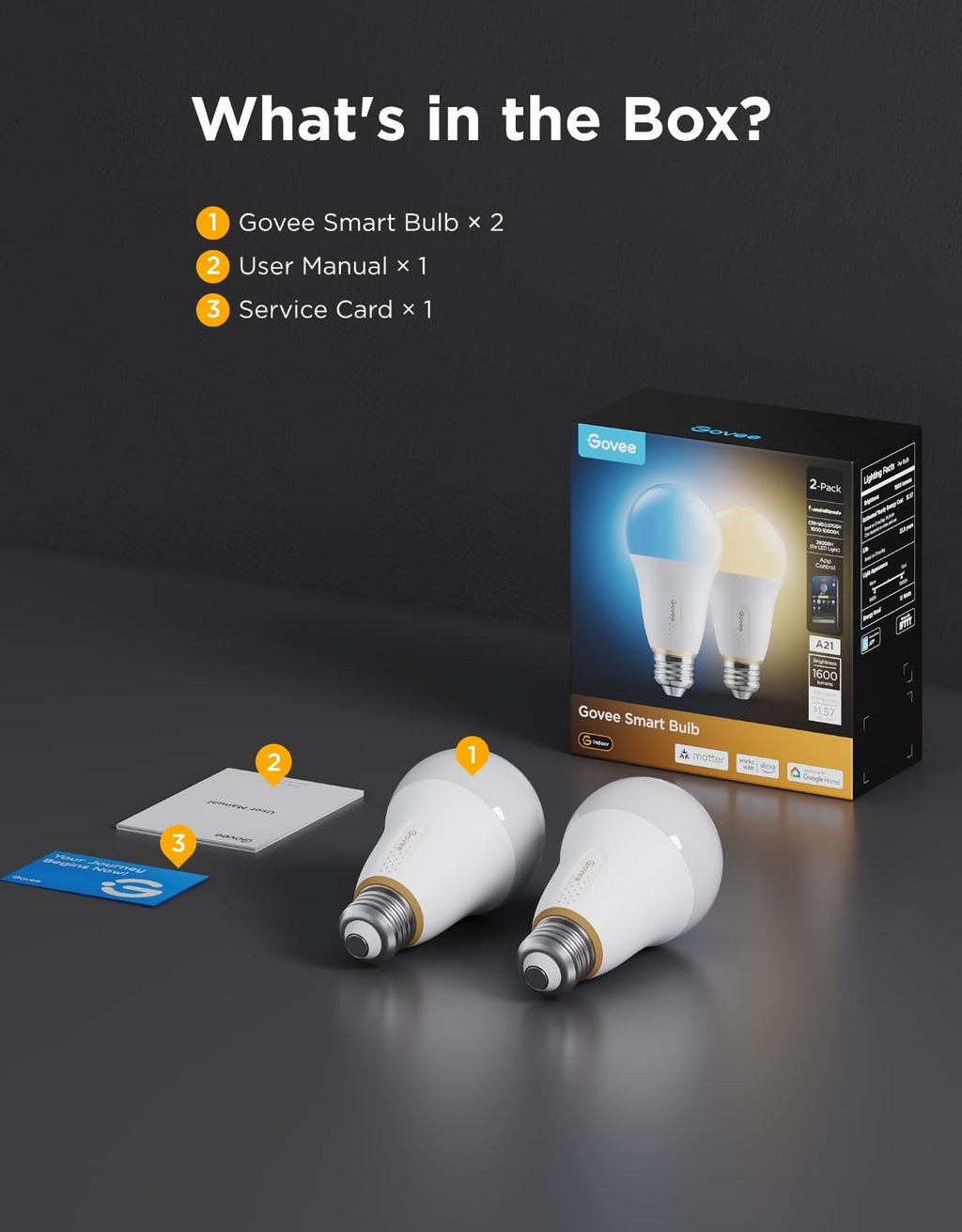 Govee 1600 Lumens Smart Light Bulbs, A21 LED Bulbs 100W Equivalent for Living Room, RGBWW Color Changing Light Bulbs Compatible with Matter, Alexa & SmartThings, CRI 90, E26 Base, 2.4GHz Only, 2-Pack