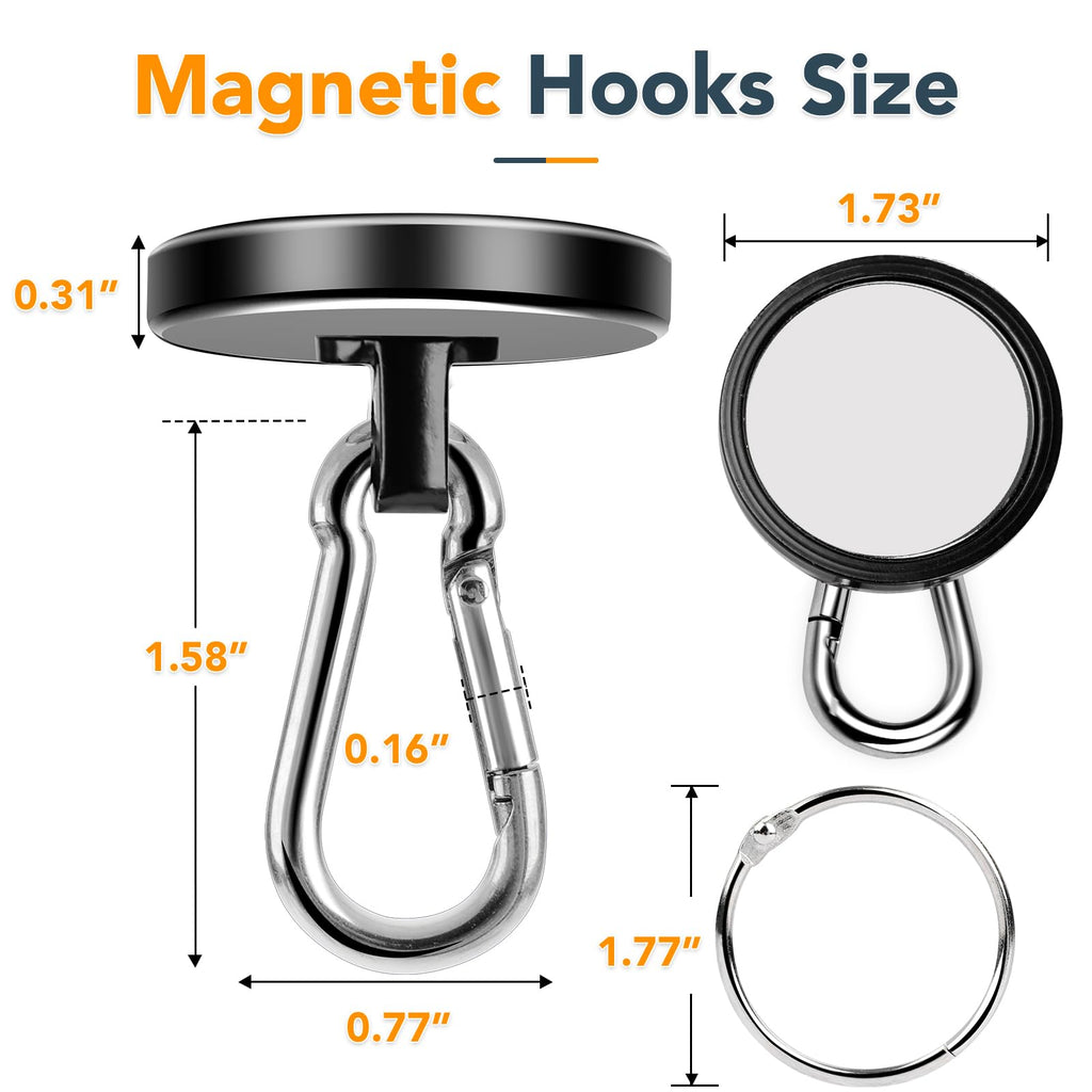 MIKEDE Strong Magnetic Hooks Heavy Duty, 200LBS+ Black Swivel Neodymium Magnets with Carabiner Hook, Hooks for Hanging, Curtain - 4 Pack