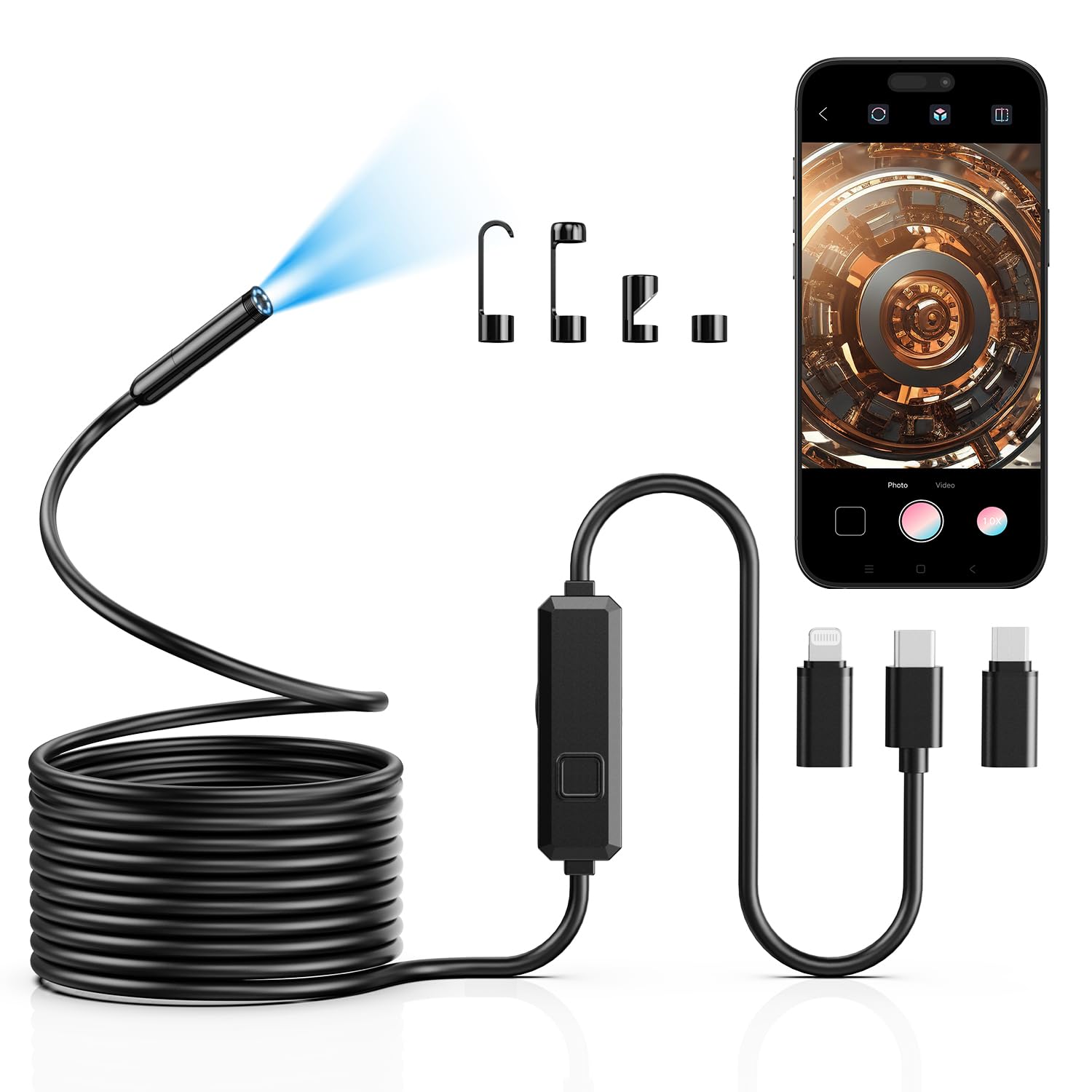 Vorth Endoscope Camera with Light, 1920P HD Borescope with 8 LED Lights, 16.5 FT Semi-Rigid Snake Inspection Camera, IP67 Waterproof Drain Pipe Borescope Mens Tool for iOS and Android