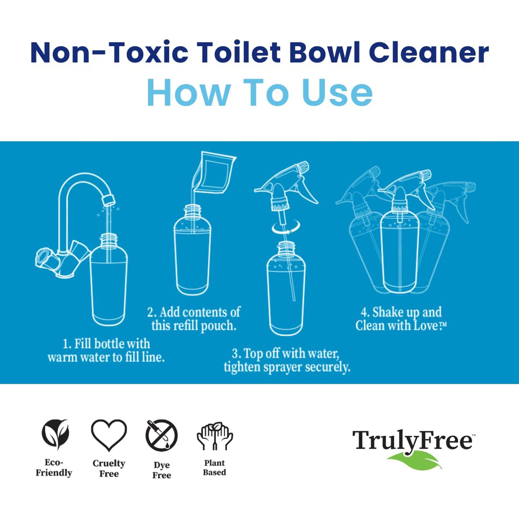 Truly Free Toilet Bowl Cleaner - Heavy-Duty Stain Remover - Septic Safe, Plant-Based Formula - Fresh Peppermint Scent - 2 Refills (3oz) with Empty Refillable Bottle