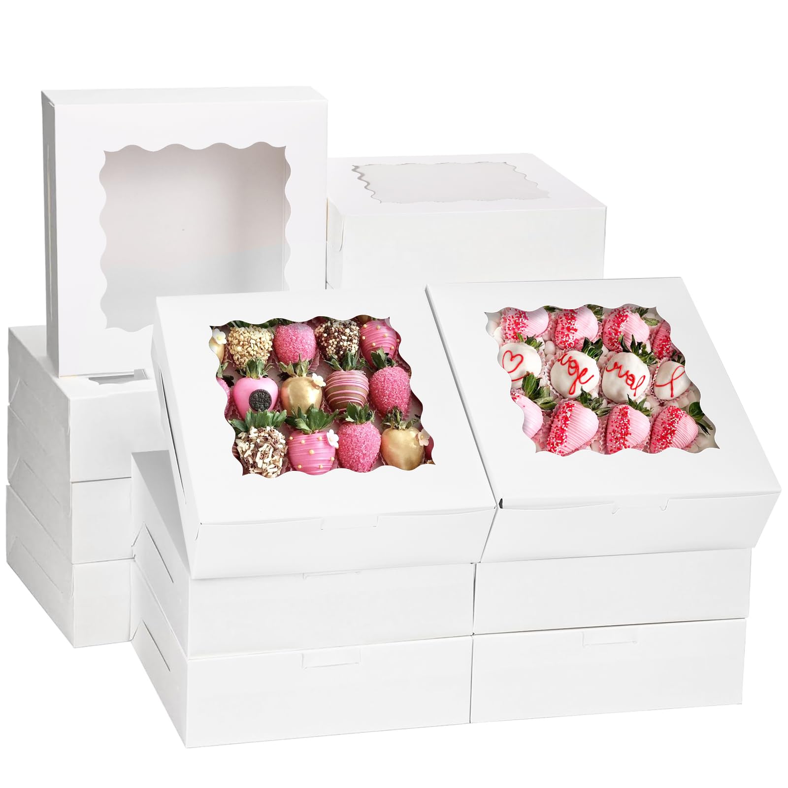 Moretoes 30pcs Bakery Boxes, 8x8x2.5 Cookie Boxes with Window, White Treat Containers for Donuts, Chocolate Strawberries, Pie, Birthday Party, Mother's Day, Weddings