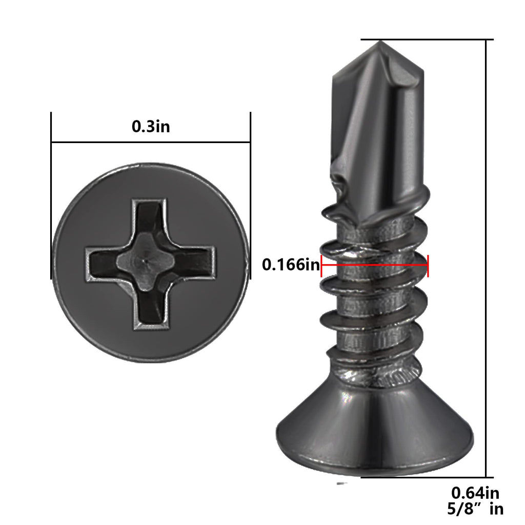 Wensilon（500pcs）#8×5/8”for Sheet Metal Self-Tapping Screws 410 Black Stainless Steel Flat Head High-Strength Quick self-Drilling Screws