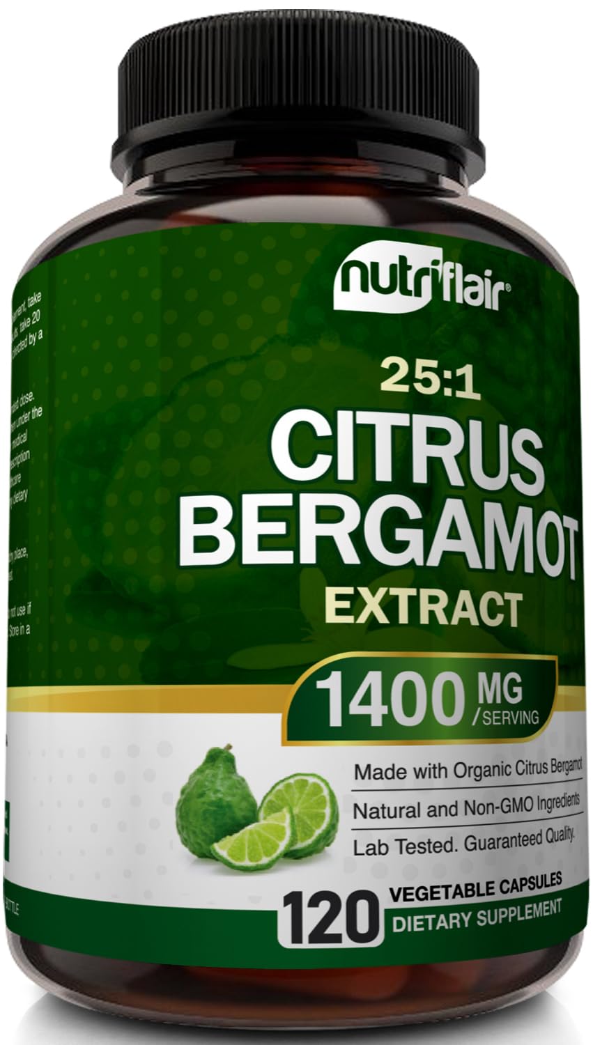 NutriFlair Organic Citrus Bergamot 1400mg, 120 Capsules - 25:1 Bergamia - Essential Oil and Citrus Bioflavonoids - Natural Heart Health Supplements for Women and Men - Non-GMO Pills