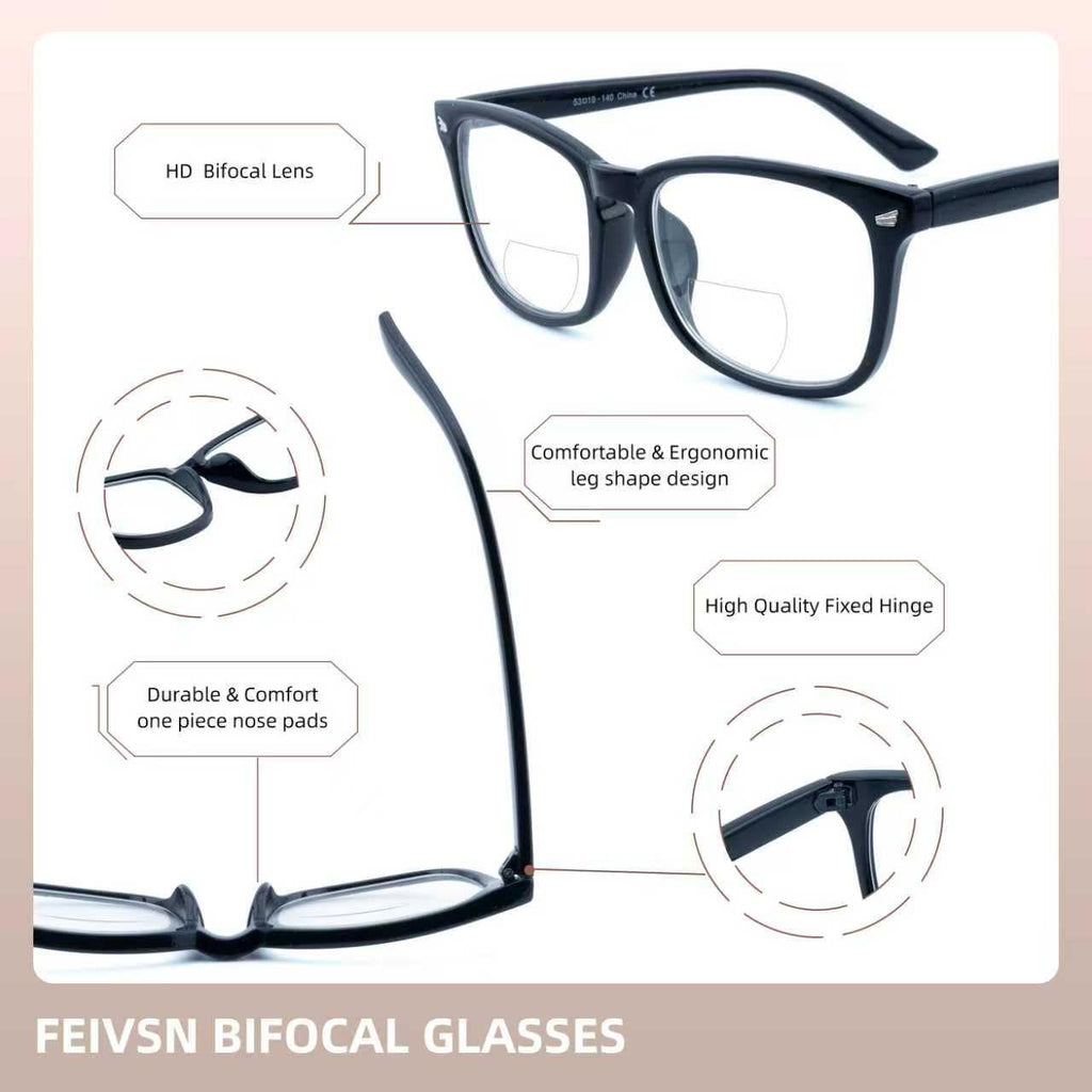 FEIVSN 3 Pack Bifocal Reading Glasses for Women Men Bi-focal Readers PC Frame Fixed Hinge Dual Focal Clear Top Eyewear, +1.75
