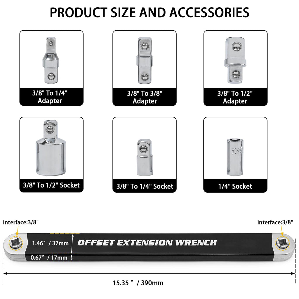 Offset Extension Wrench, Ratchet Extension Bar with 1/2", 1/4" and 3/8" Square Drive Adapters, Impact Wrench Extender for Access to Confined Fastener, Ratchet Extenders Tool with 3 Adapters Socket