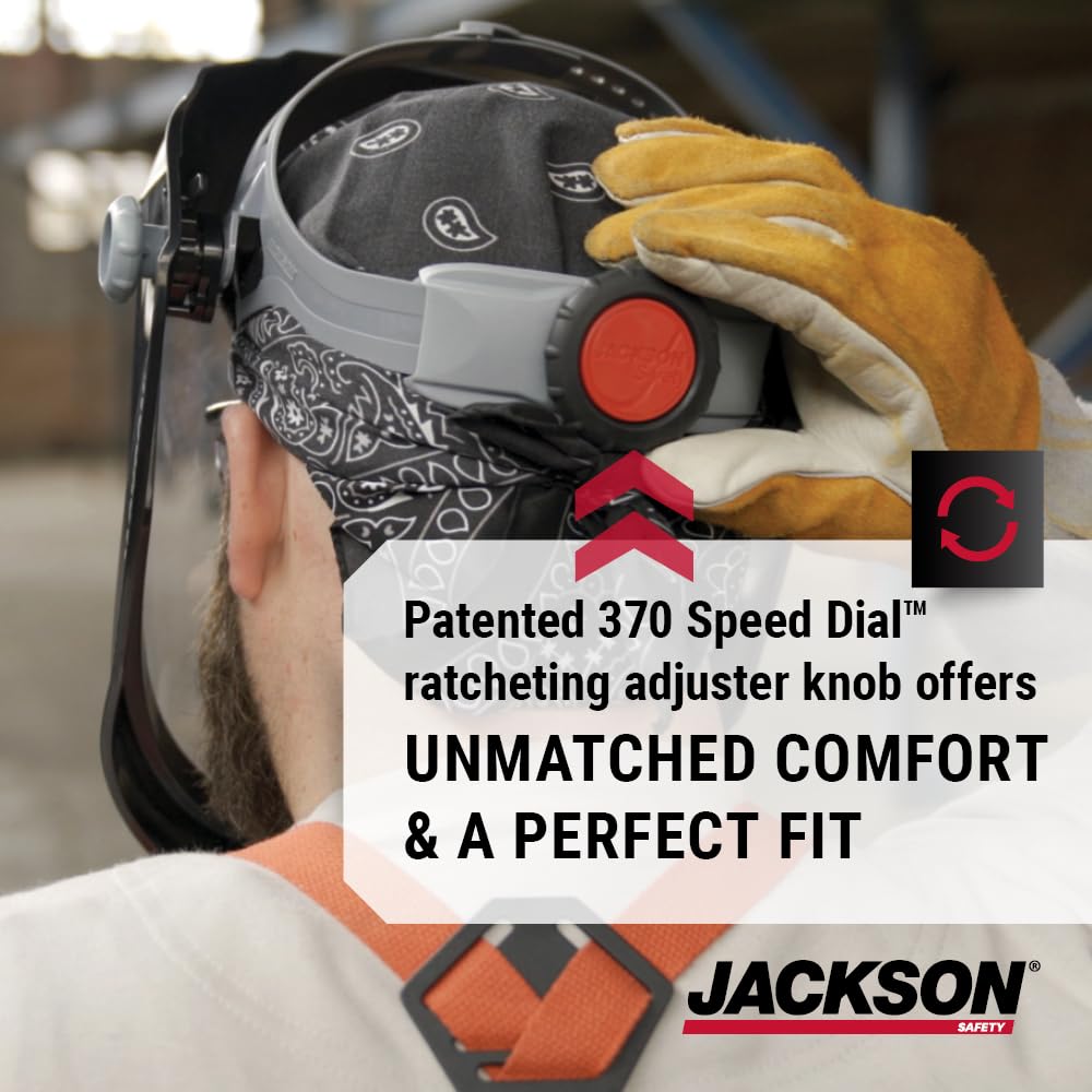 Jackson Safety Lightweight MAXVIEW Premium Face Shield - Mask with 370 Speed Dial Ratcheting Headgear, ANSI Z87.1, for Work, Grinding, Cutting - Anti Fog Coating - Clear Tint
