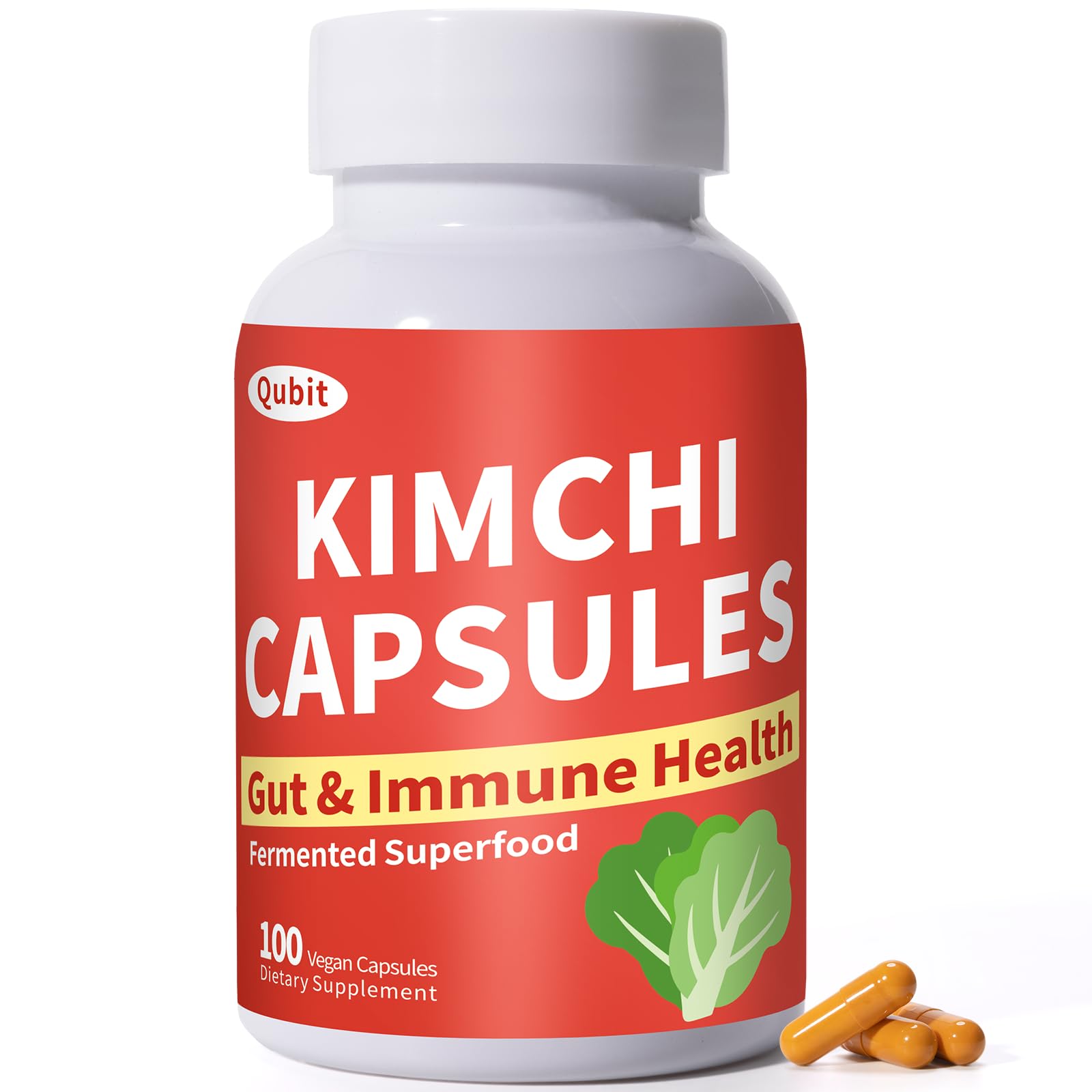 QUBIT Kimchi Capsules, Kimchi Supplement, Probiotics & Enzymes Supports Gut & Digestive Health, Taste Well, One Fermented Superfood for Antioxidant Support, 90 Vegan Capsules, Pills