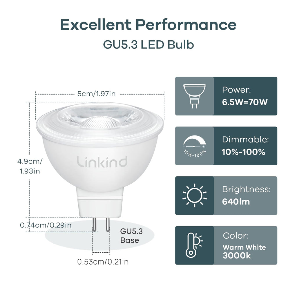 Linkind MR16 LED Bulb Dimmable, GU5.3 Bi-Pin Base LED Light Bulbs, 6.5W (70W Equivalent) 3000K Warm White 640lm MR16 LED Spot Lights, Recessed, Tracking Lights, 12V Low Voltage, 6 Packs