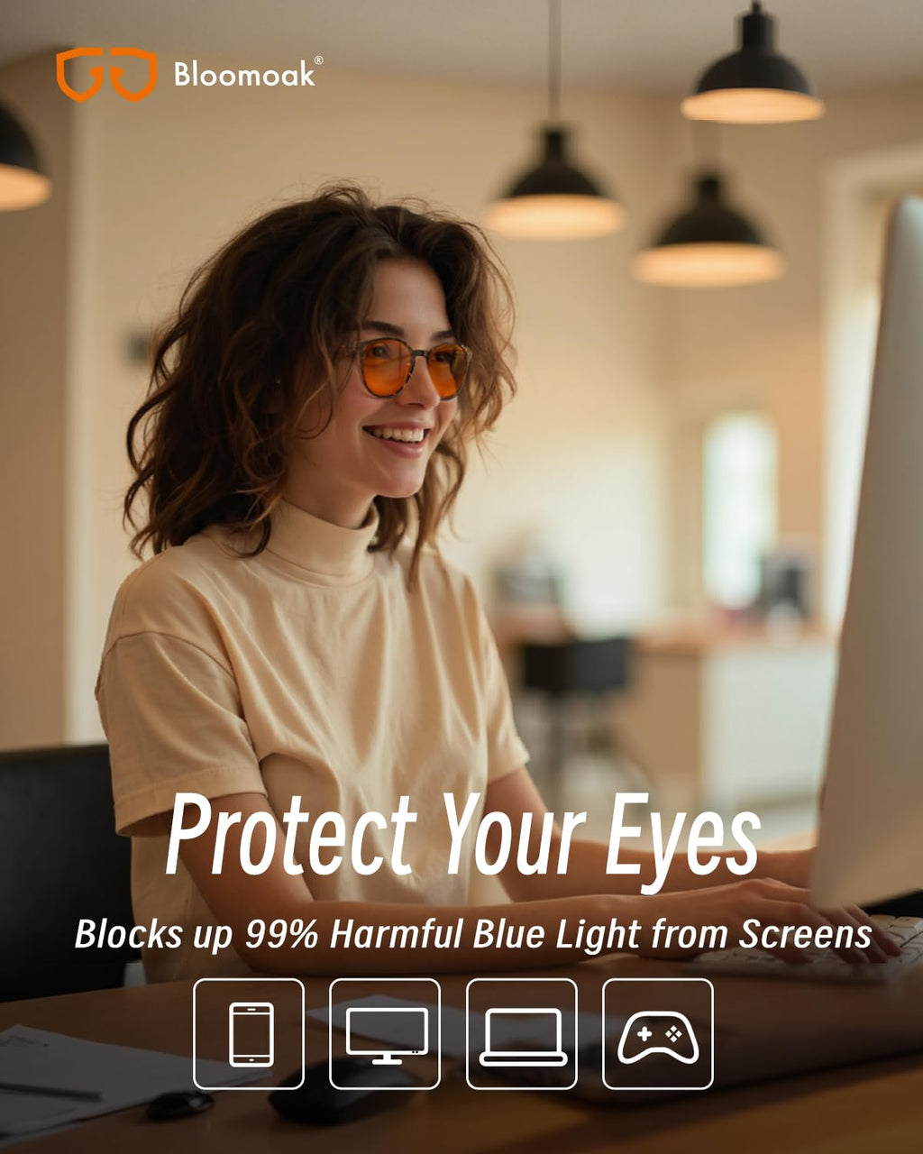 Bloomoak 99% Orange Blue Light Blocking Glasses,Retro Trendy Round Style,Relieve Eye Fatigue,Improve Sleep For Screens/Games