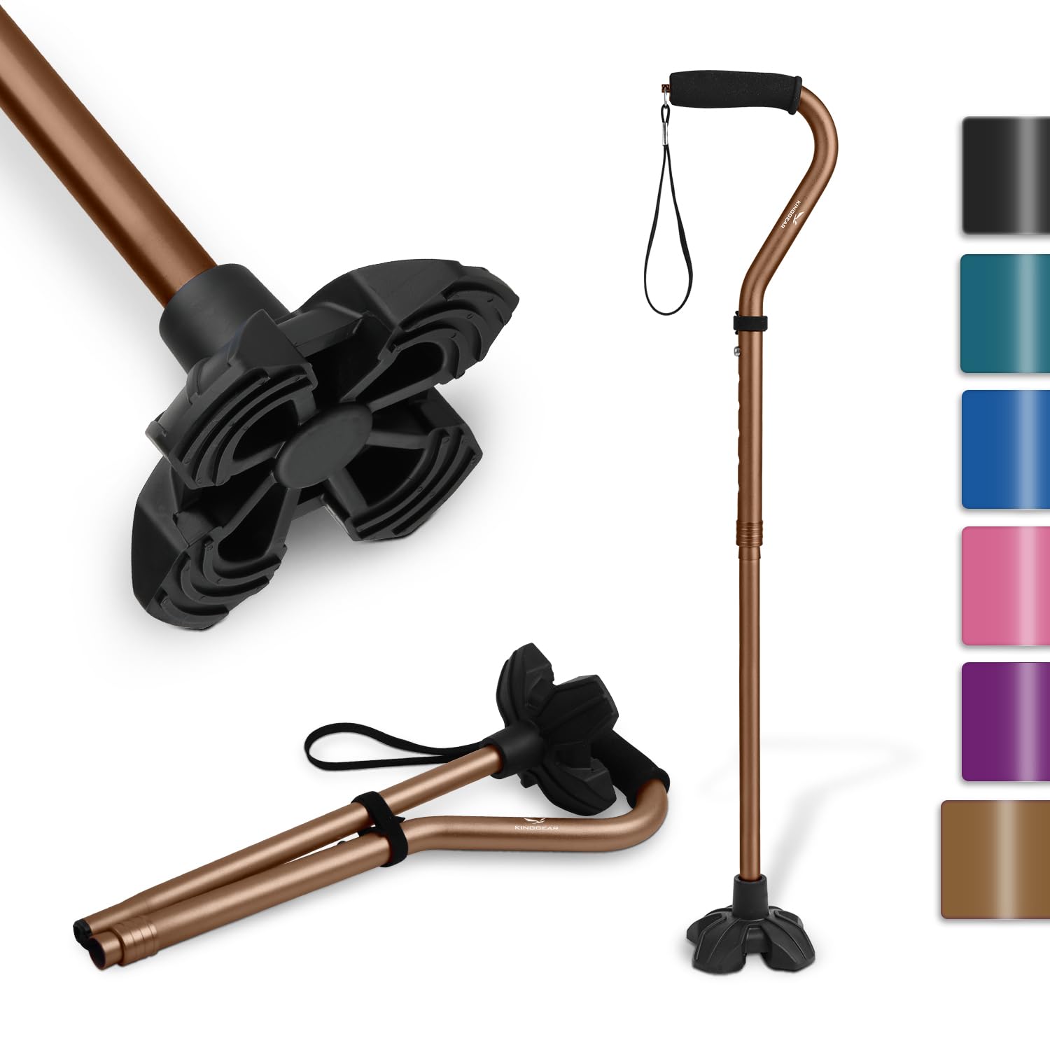 KINGGEAR F1 Walking Stick, Walking Cane for Women & Men, Self Standing Walkers for Seniors with Wrist Strap, Lightweight & Sturdy Offset EVA Handle and Large Quad Base