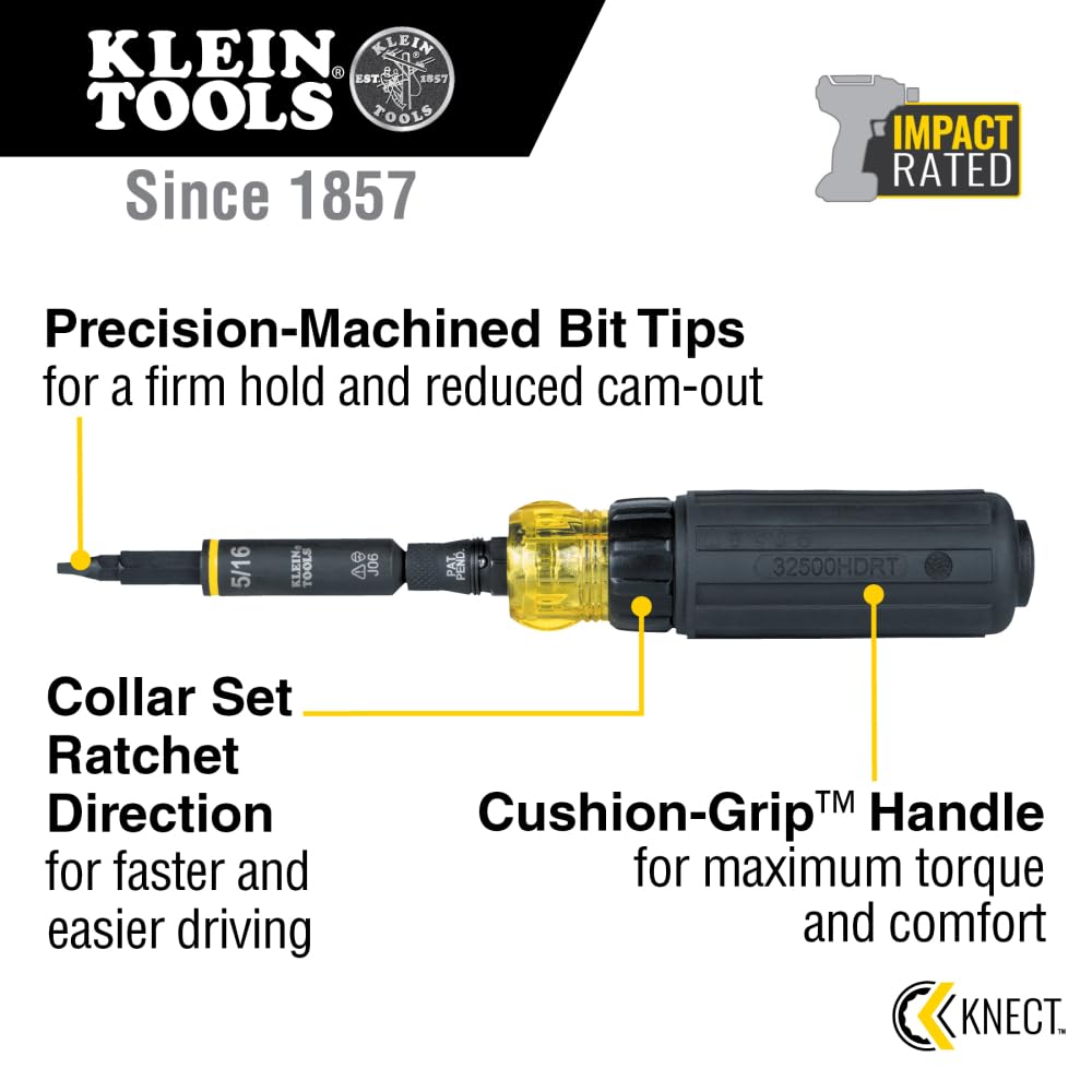 Klein Tools 32500HDRT KNECT Ratcheting Screwdriver, Multi-Bit Screwdriver/Nut Driver, Impact Rated 11-in-1 Tool with Phillips, Slotted, Square and Torx Tips