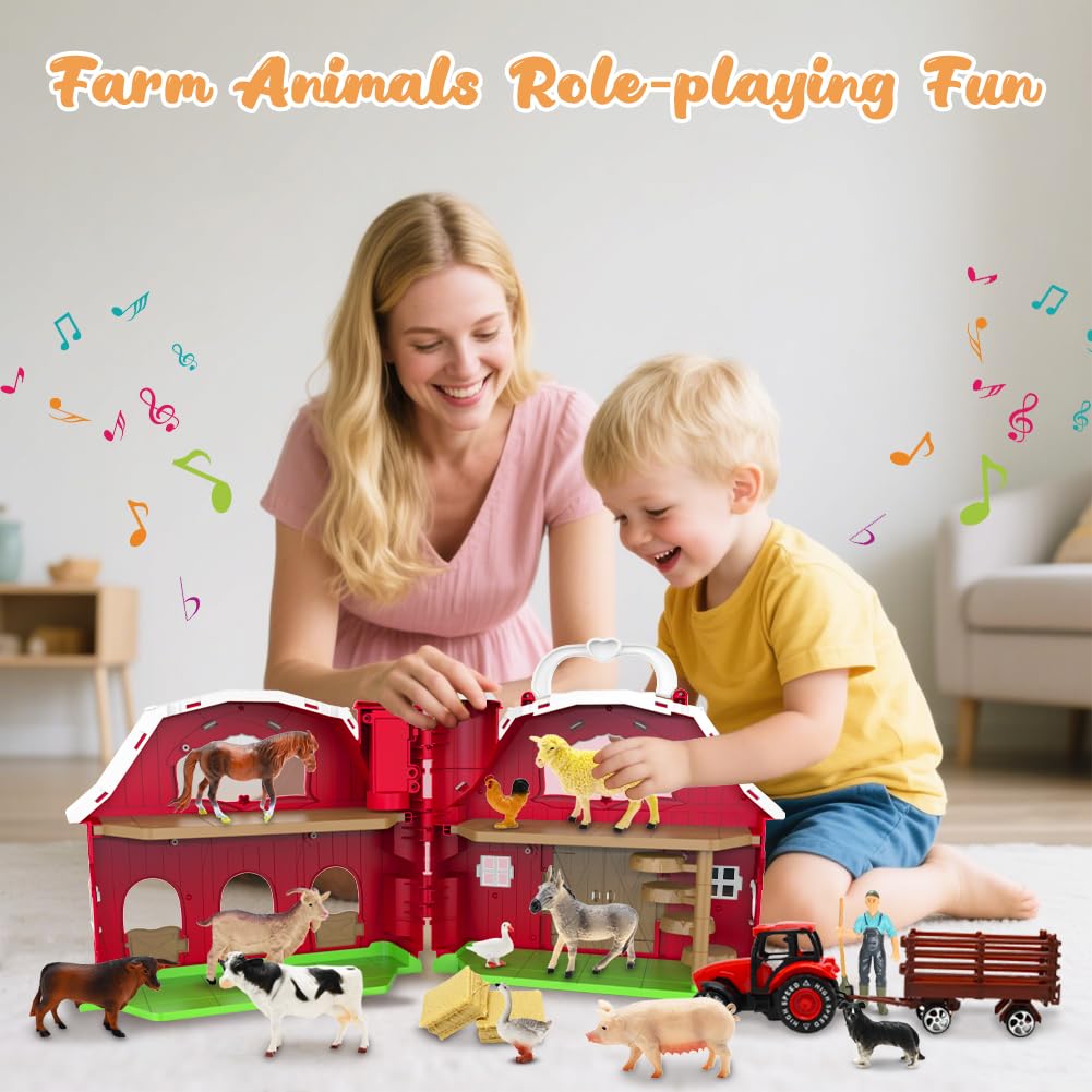 Big Red Barn Toys for Kids 3, Farm Animal Figures Playset with Tractor for 3 4 5 Year Old Kids, Musical Preschool Montessori STEM Learning Toys, Christmas Birthday Easter Gift for Boys Girls