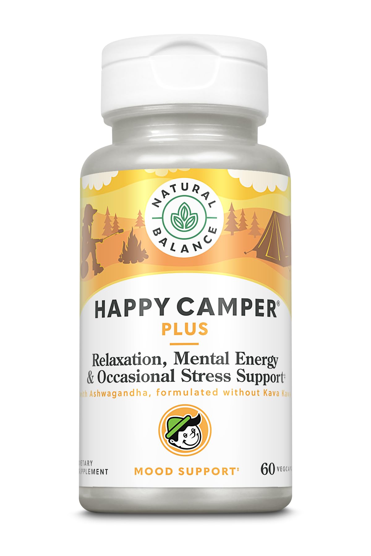 Natural Balance Happy Camper Plus - Supports Relaxation, Mental Energy, Occasional Stress w/KSM-66 Ashwagandha, L Theanine 200mg, Passion Flower, Lemon Balm, Holy Basil, 60-Day Guarantee, 30 Servings