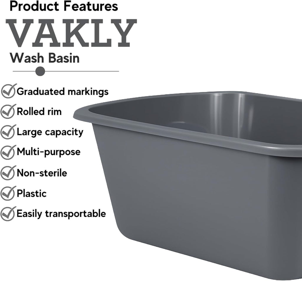 Vakly Wash Basins [5 Pack] – Rectangular Plastic 7-Quart Graduated Hospital Soaking Tub with Markings – Small Portable Washbasin for Face Washing, Cleaning, Foot Bath, Dishes, Laundry & Bedside Care