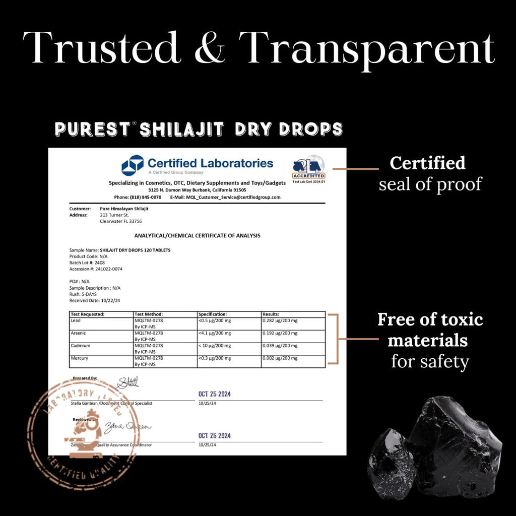 Pure Himalayan Shilajit Dry Drops, 100% Pure Natural Shilajit, Grade A, Max Potency 85+ Clean Trace Minerals & Fulvic Acid for Energy, Metabolism & Immune Support Supplement for Men & Women (120 tabs)