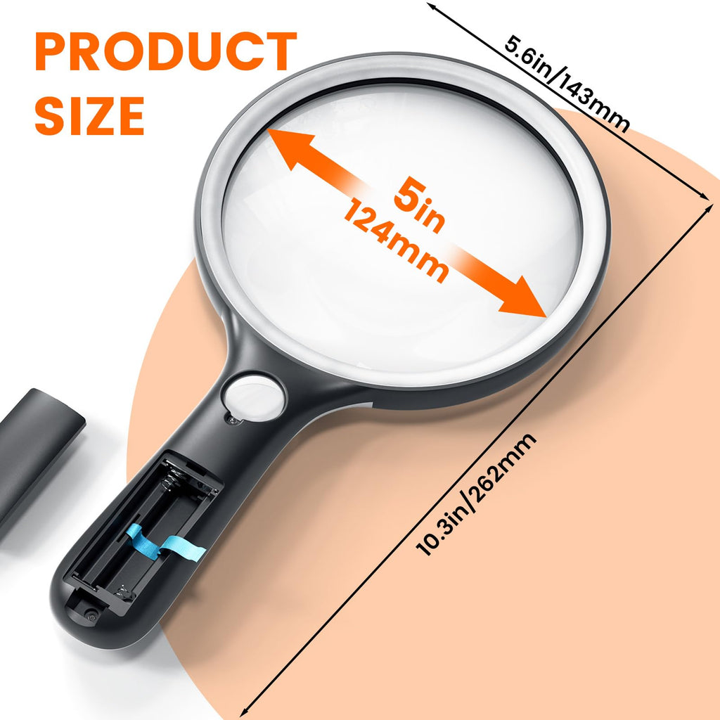 Magnifying Glass with Light Large 5" Lens, Handheld Illuminated Lighted Magnifier 24LED 1UV Light for Seniors, Reading, Coins, Jewelry, Close Work