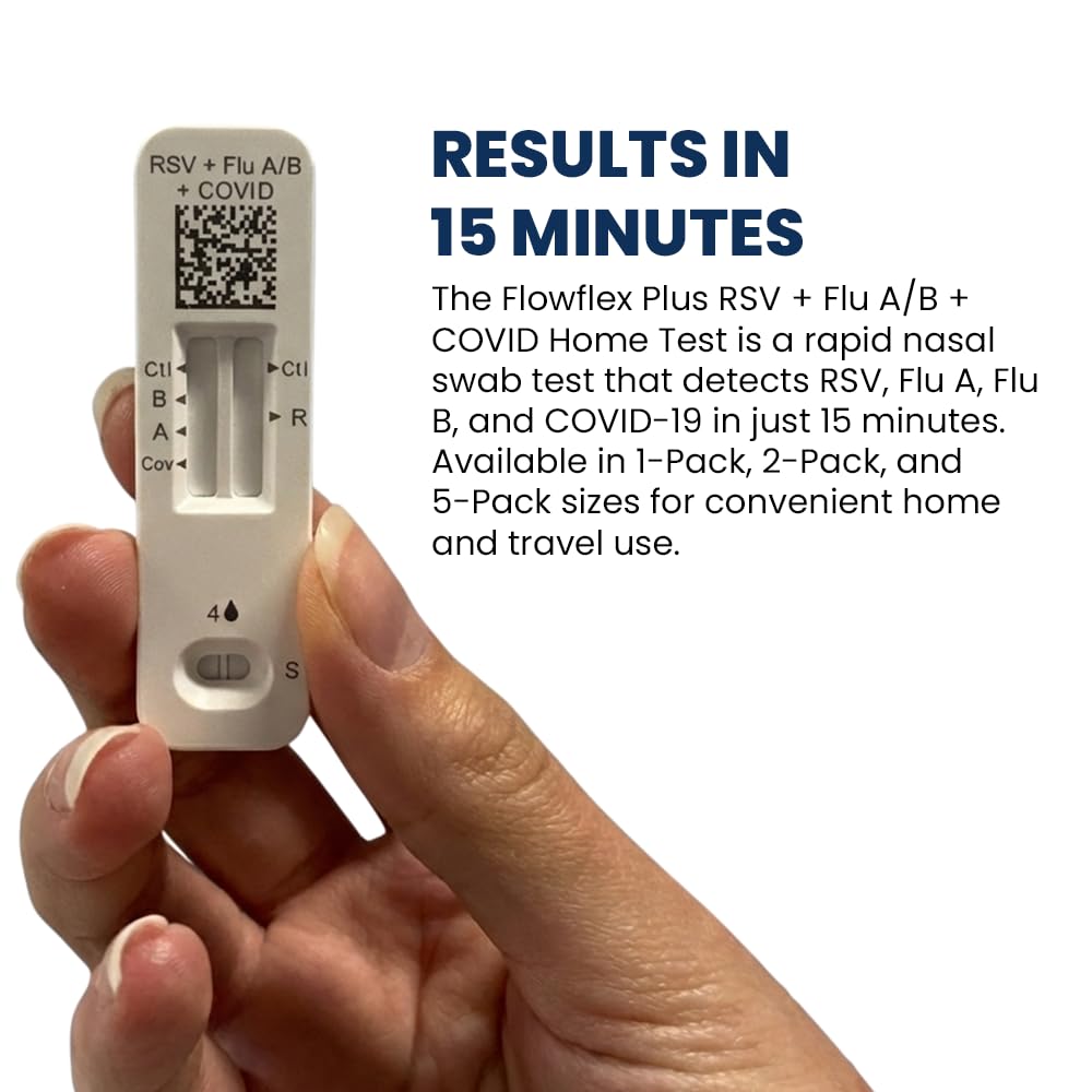 Flowflex Plus RSV + Flu A/B + COVID Home Test, 4-in-1 Home Test Kit, Rapid Results in 15 Minutes, OTC At-Home Antigen Test for Adults & Children (2 Tests)