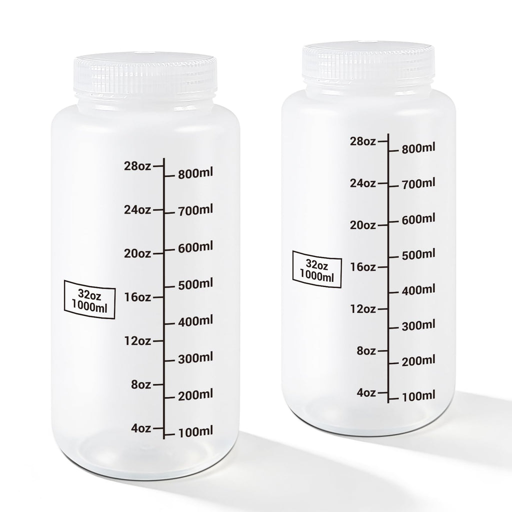 DEMORA Plastic Bottles with Airtight Caps 32oz/1000ml, Food Grade Wide Mouth Liquid Containers, Reusable HDPE Graduated Plastic Bottles for Water Sample Lab Reagent Liquids Mixing (Translucent, 2 Pcs)