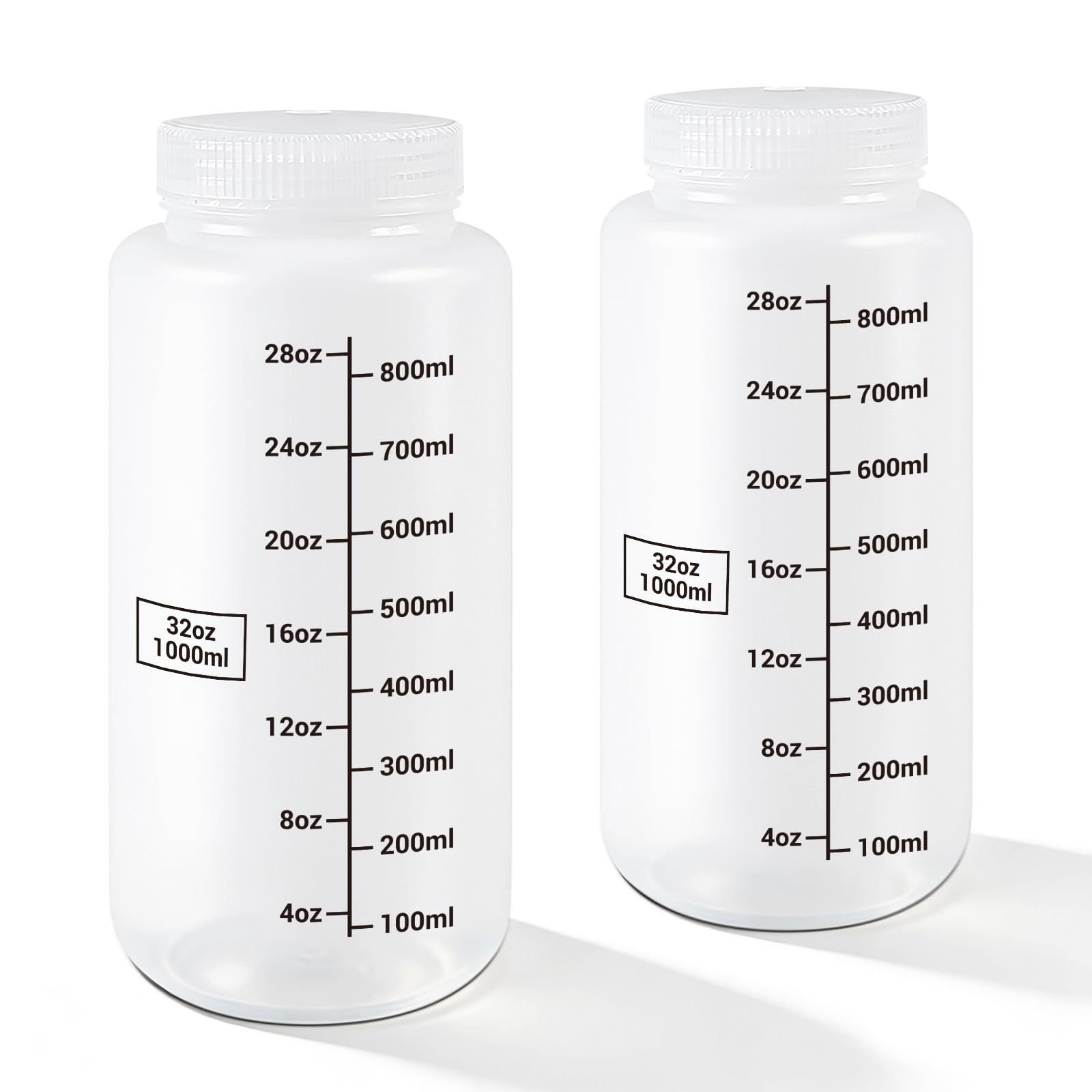DEMORA Plastic Bottles with Airtight Caps 32oz/1000ml, Food Grade Wide Mouth Liquid Containers, Reusable HDPE Graduated Plastic Bottles for Water Sample Lab Reagent Liquids Mixing (Translucent, 2 Pcs)