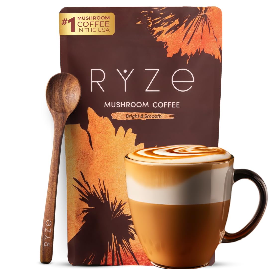 RYZE SUPERFOODS Mushroom Medium Roast Coffee USDA Organic with 6 Adaptogenic Mushrooms, USA Grown Instant Coffee for Better Energy, Focus Digestion Immunity with Lions Mane & Turkey Tail 30 Servings