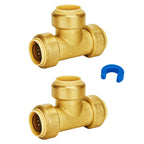 SUNGATOR 1-Inch Push Fit PEX Tee, No Lead Brass Plumbing Pipe Connector T Fittings with Disconnect Clip, Push-to-Connect, Copper, CPVC (2-Pack)
