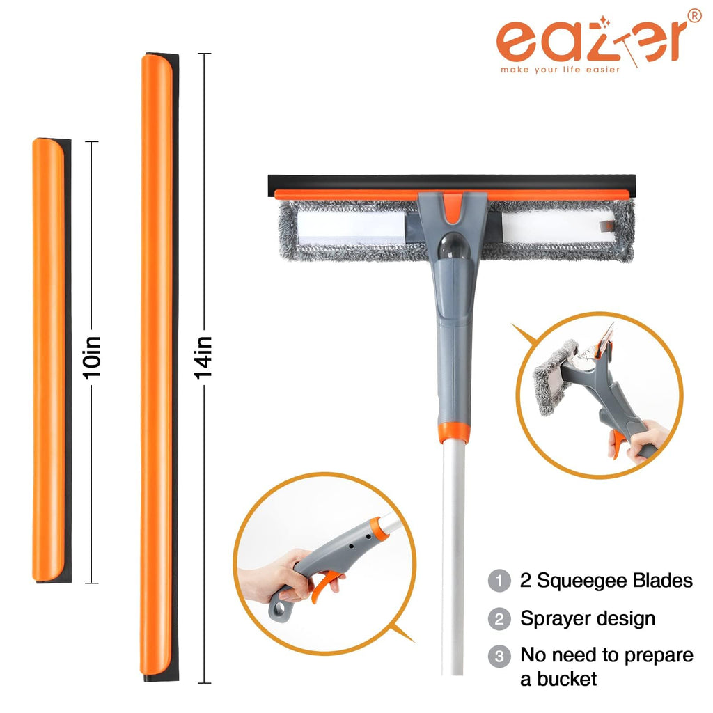 Eazer 3-in-1 Window Squeegee Cleaner, 76'' Spray Window Squeegee with 5-Section Extension Pole, Microfiber and Chenille Cloth, Window Washing Equipment for Indoor/Outdoor Windows, Car Glass