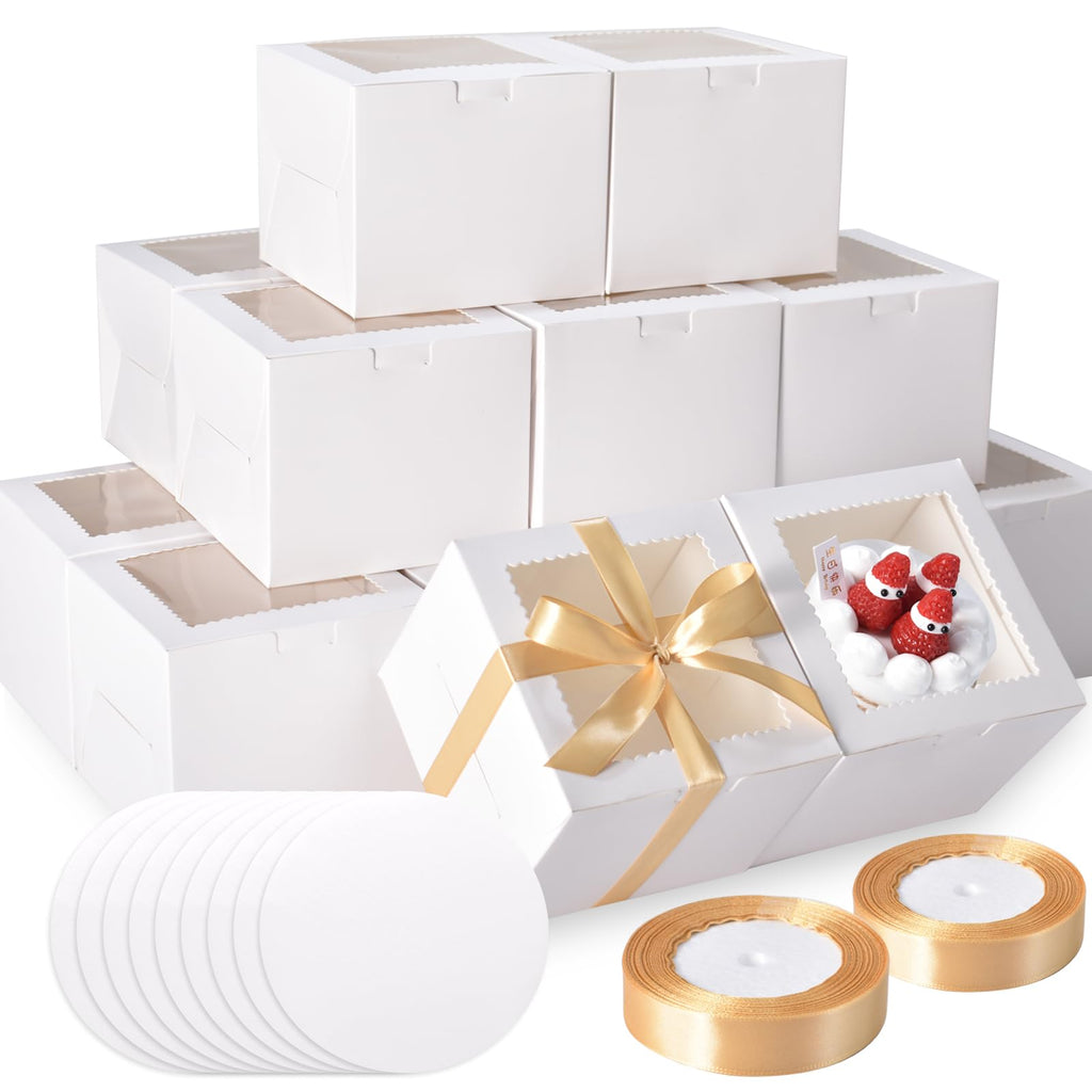 KPOSIYA 40pcs 6x6x5 inch Mini Cake Boxes with Cake Boards (20 Boxes & 20 Boards), 6 inch Small Cake Boxes with Lids，Cajas de mini pastel Bakery Boxes with Window for Christmas Thanksgiving