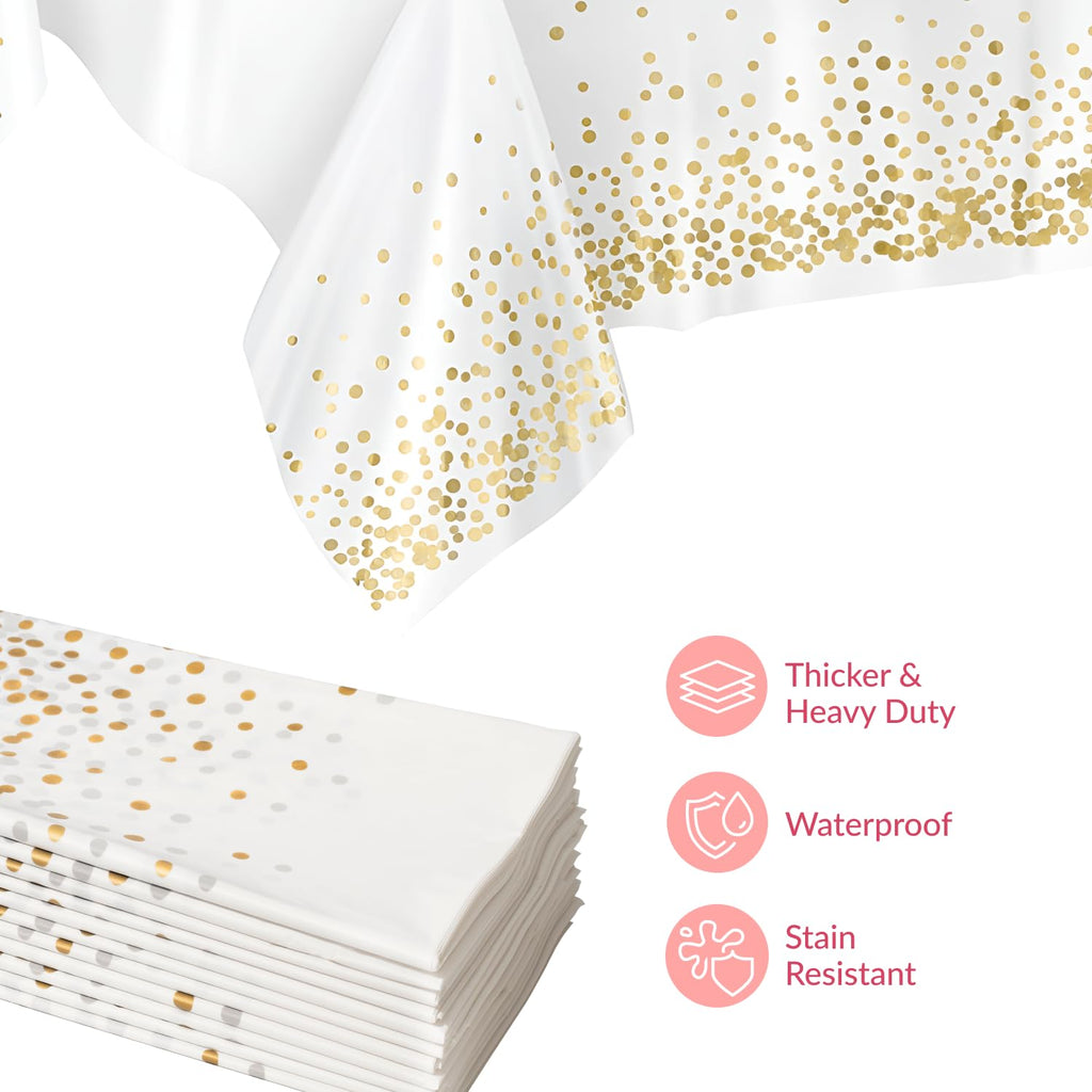 Prestee 12-Pack White and Gold Tablecloth - 54x108 Inch - Disposable Table Covers for Party, Weddings, and Holidays - Waterproof Christmas Tablecloth, Stain-Resistant Plastic Table Cover Set
