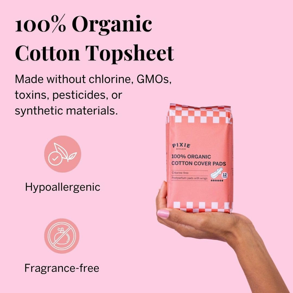 Pixie Organic Cotton Ultra-Thin Extra Long Overnight Pads for Women – Maximum Absorbency with Wings – Leak-Proof, Hypoallergenic, Unscented, Postpartum – Compostable, Biodegradable – 24 Count