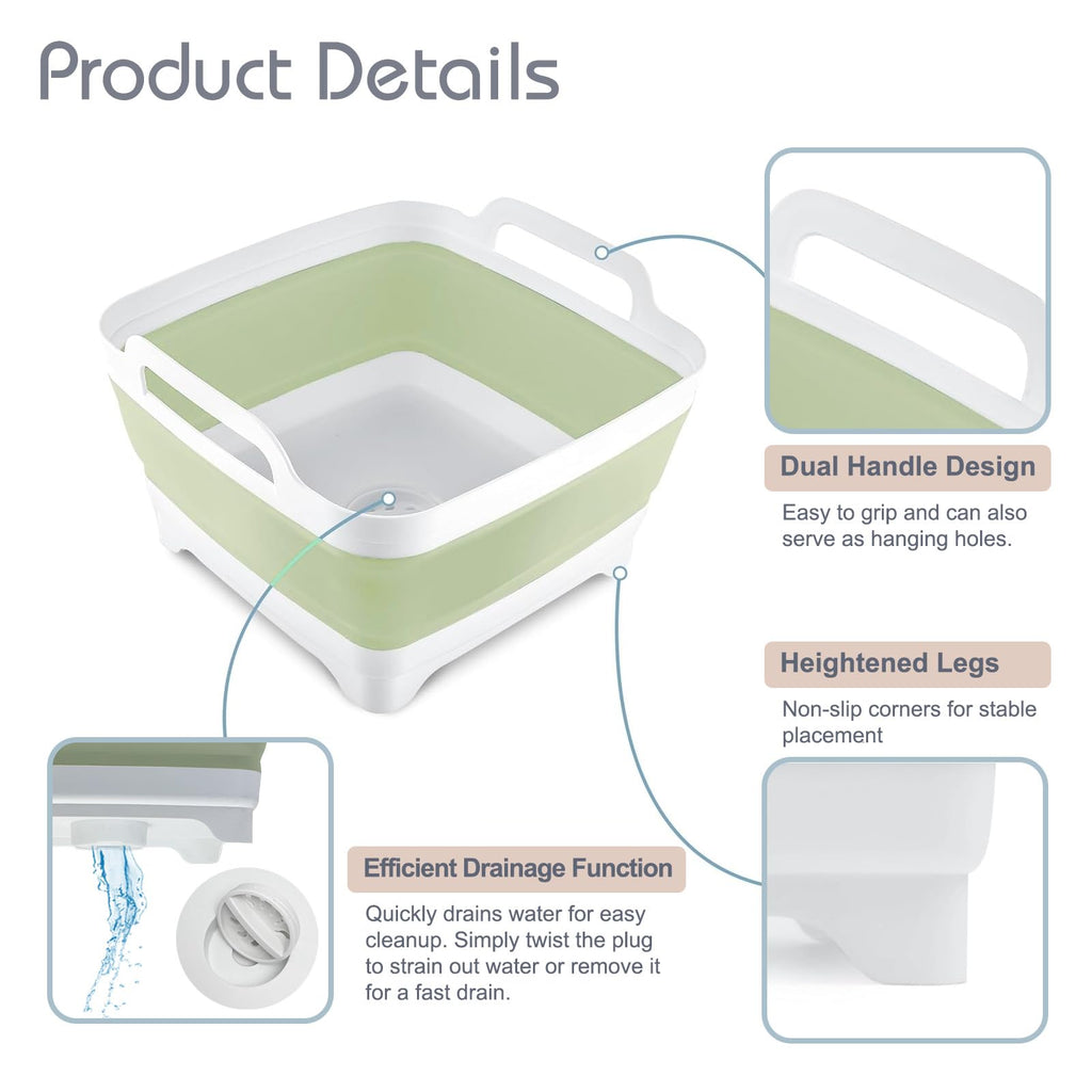 2.4 Gal(9L) Collapsible Dish Basin with Drain Plug, Space Saving Outdoor Multiuse Foldable Sink Tub, Dishpan, Kitchen Storage Tray for Camping, Vegetable Washing, RV (Green)