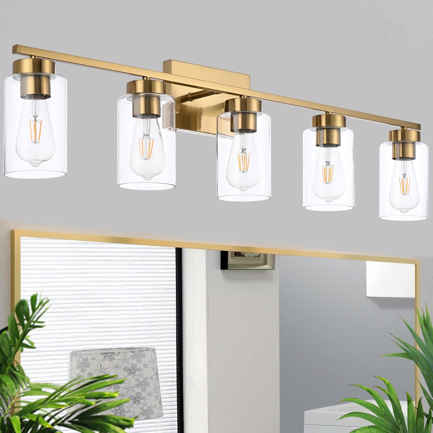 A1A9 5 Light Bathroom Vanity Light Fixtures, Brushed Brass Modern Wall Lights with Clear Glass Shade, Vintage Wall Sconce Lighting for Living Room, Mirror, Bedroom, Hallway (Gold, 5-Lights)