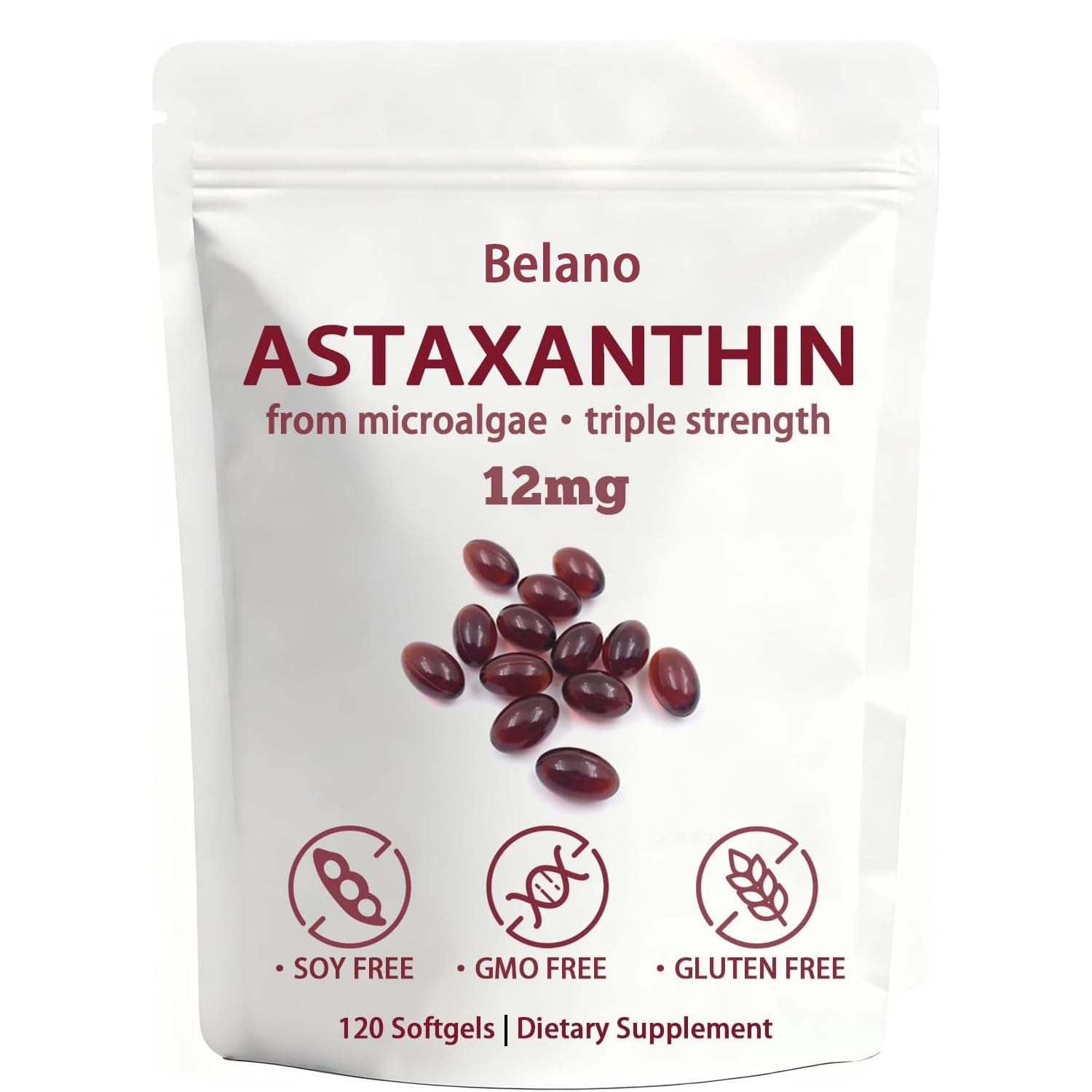 BELANO Nuvapure Astaxanthin12mg，Easy to Swallow, Non-GMO，4-Month Supply，120 Softgels