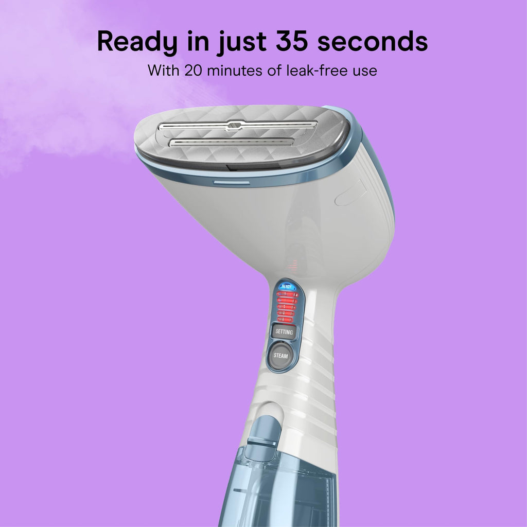 Conair Handheld Steamer for Clothes & Upholstery, 3 Attachments, White/Blue