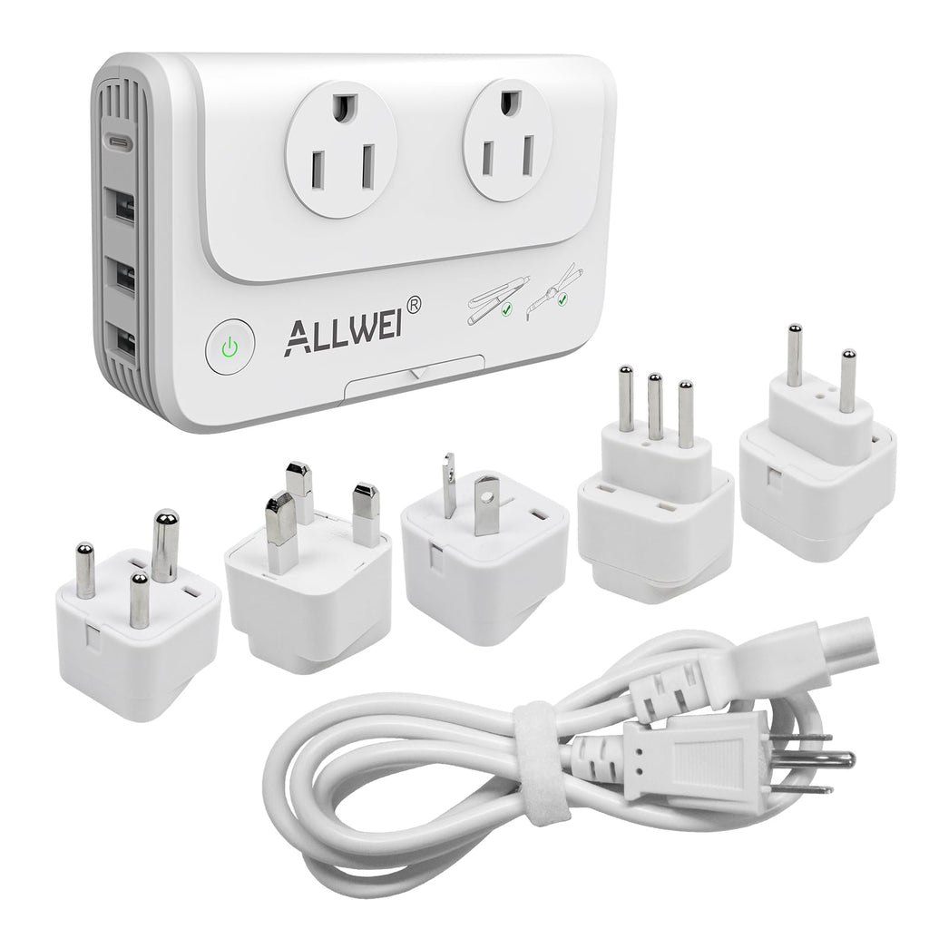 ALLWEI International Travel Adapter 220V to 110V Power Voltage Converter for Hair Straightener/Curling Iron, Universal Power Plug Adapter UK, US, AU, EU, IT, India (White)