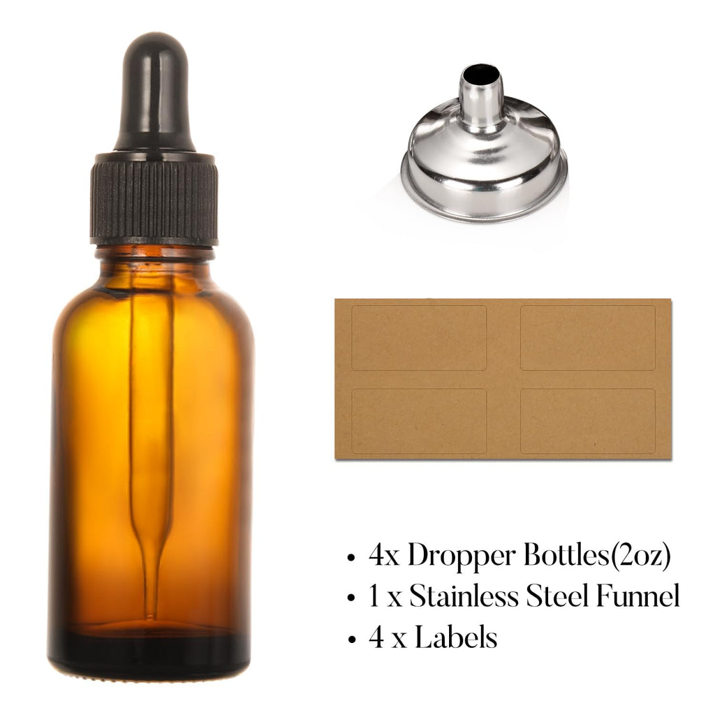 4 Pack, 2 oz Bottles with Dropper & 1 Funnel & 4 Labels - Essential Oils Bottles for Health, Personal Care & Beauty - 60ml Thick Dark Amber Glass Tincture Bottles, Refillable Cosmetic Containers