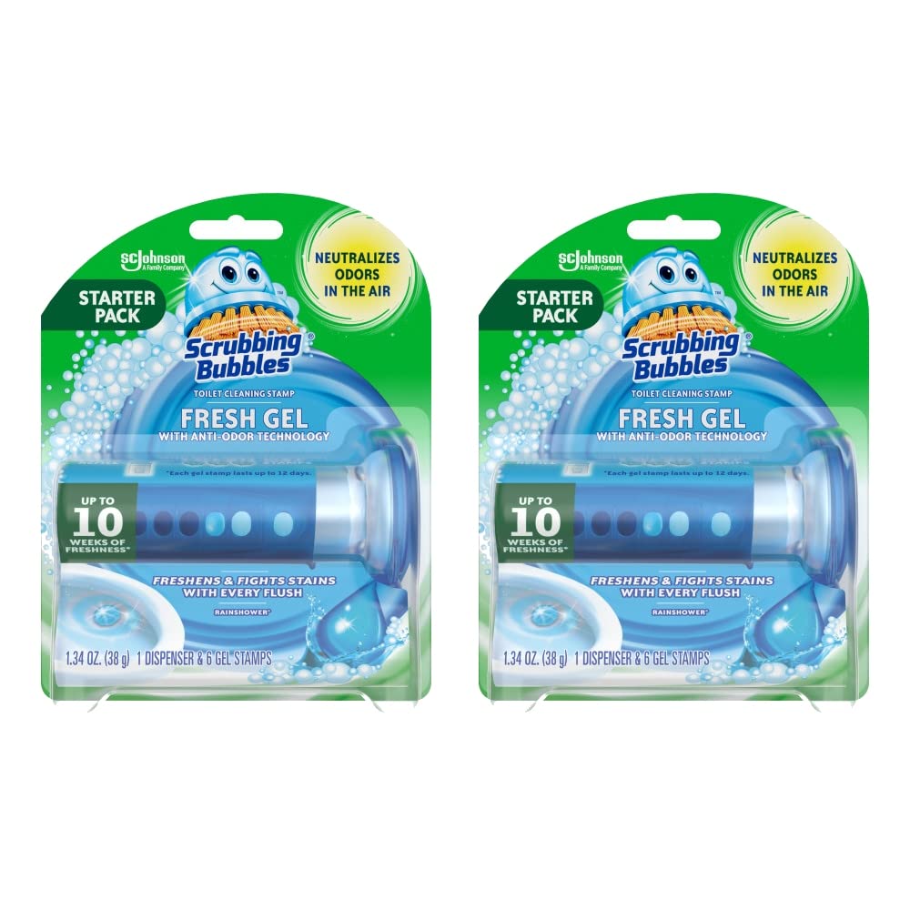 Scrubbing Bubbles Fresh Gel Toilet Bowl Cleaning Stamps, Helps Keep Toilet Clean and Helps Prevent Limescale & Rings, Rainshower Scent, 1 Dispenser with 6 Fresh Gel Stamps (Pack of 2)