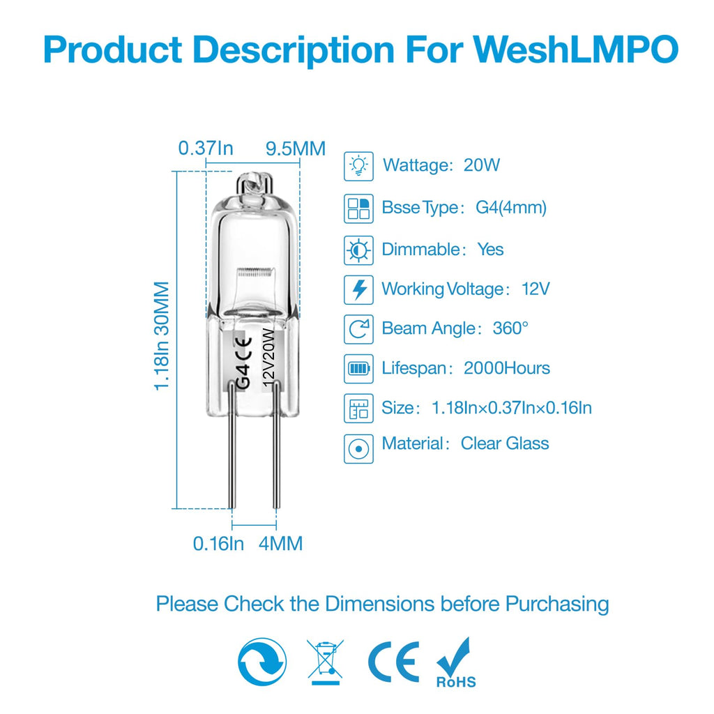 WeshLMPO G4 Bulb,12V 20W Halogen Light Bulbs 2 Pin,G4 Light Bulbs Replacement for Under Cabinet Puck Light,Chandeliers, Accent Lights, Track Lighting (12 Pack)
