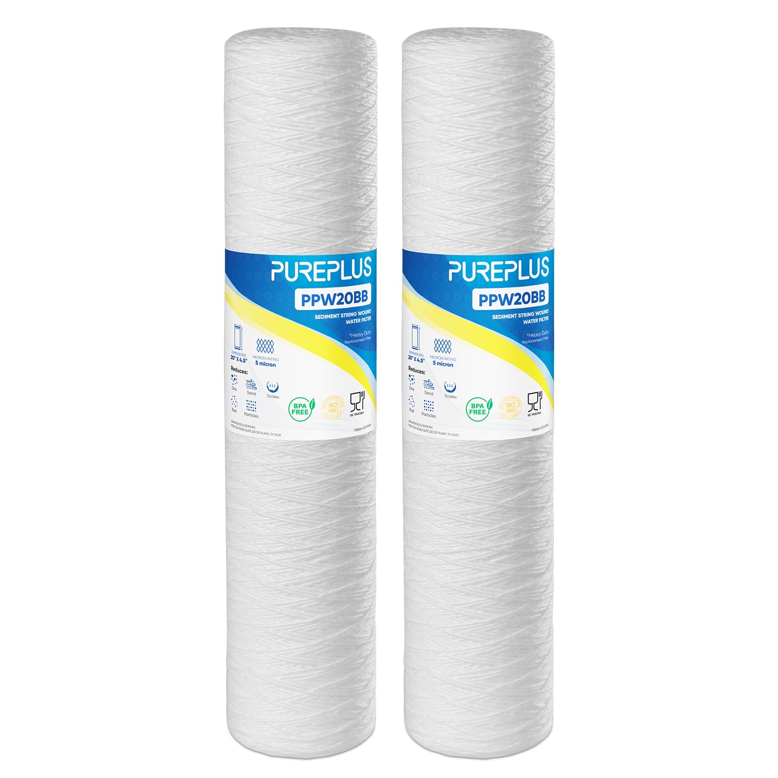 PUREPLUS 5 Micron 4.5" x 20" Whole House String Wound Sediment Filter for Well Water, Replacement Cartridge for Pentair Pentek WP5BB20P/WP25BB20P, Hydronix SWC-45-2005, SpiroPure SP-WP5-20BB, 2Pack